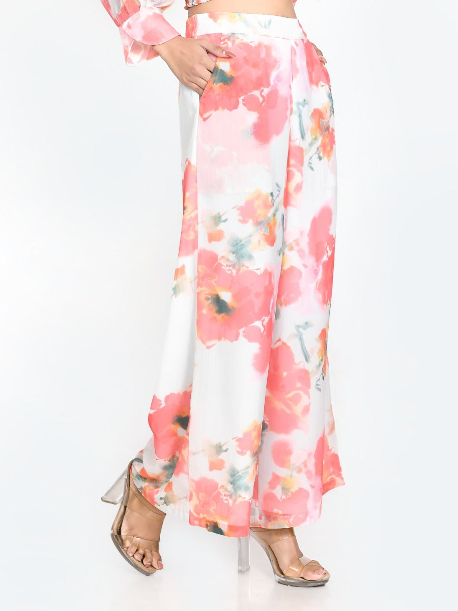 White Floral Print Wide Leg Trouser