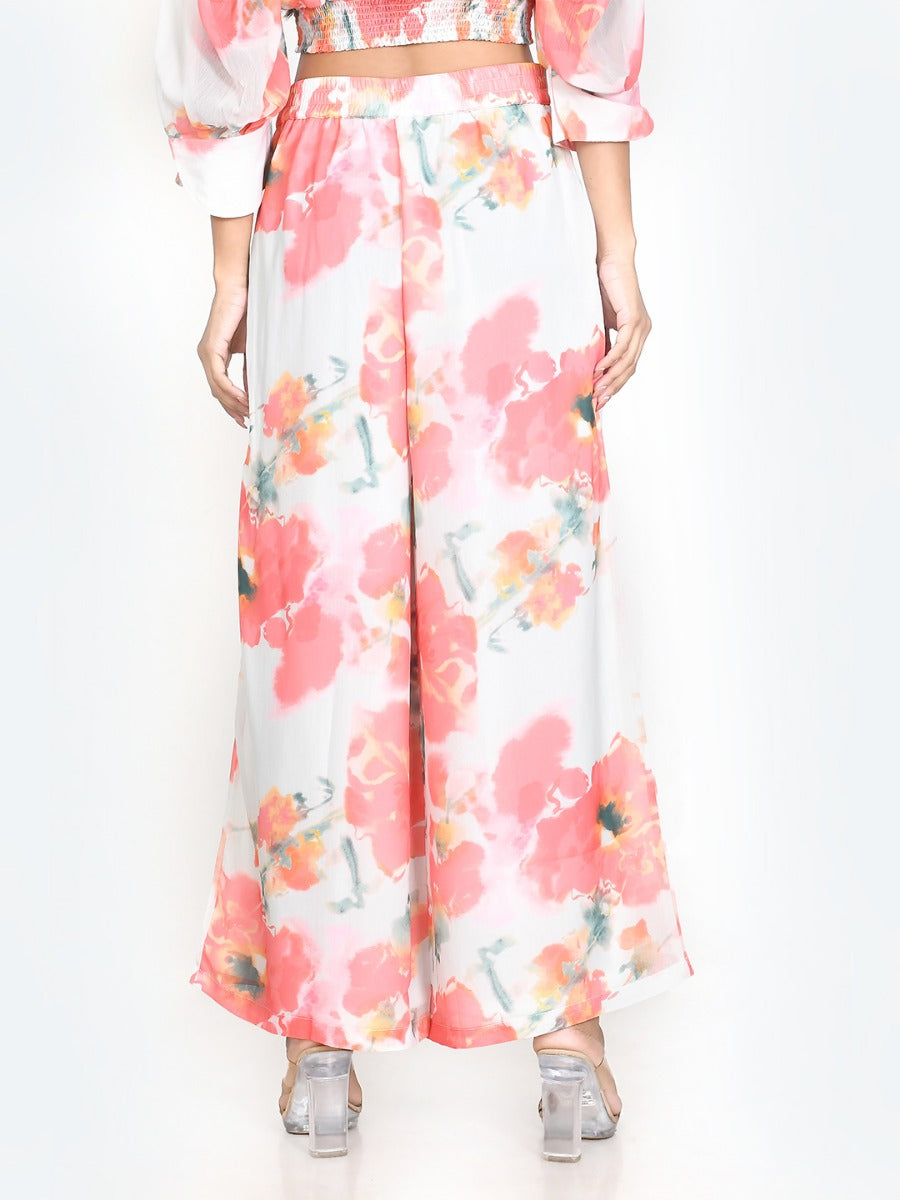 White Floral Print Wide Leg Trouser