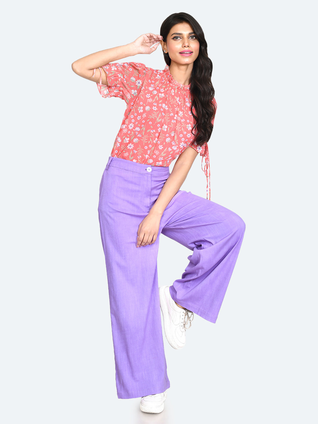 Purple Solid Wide Leg Trousers