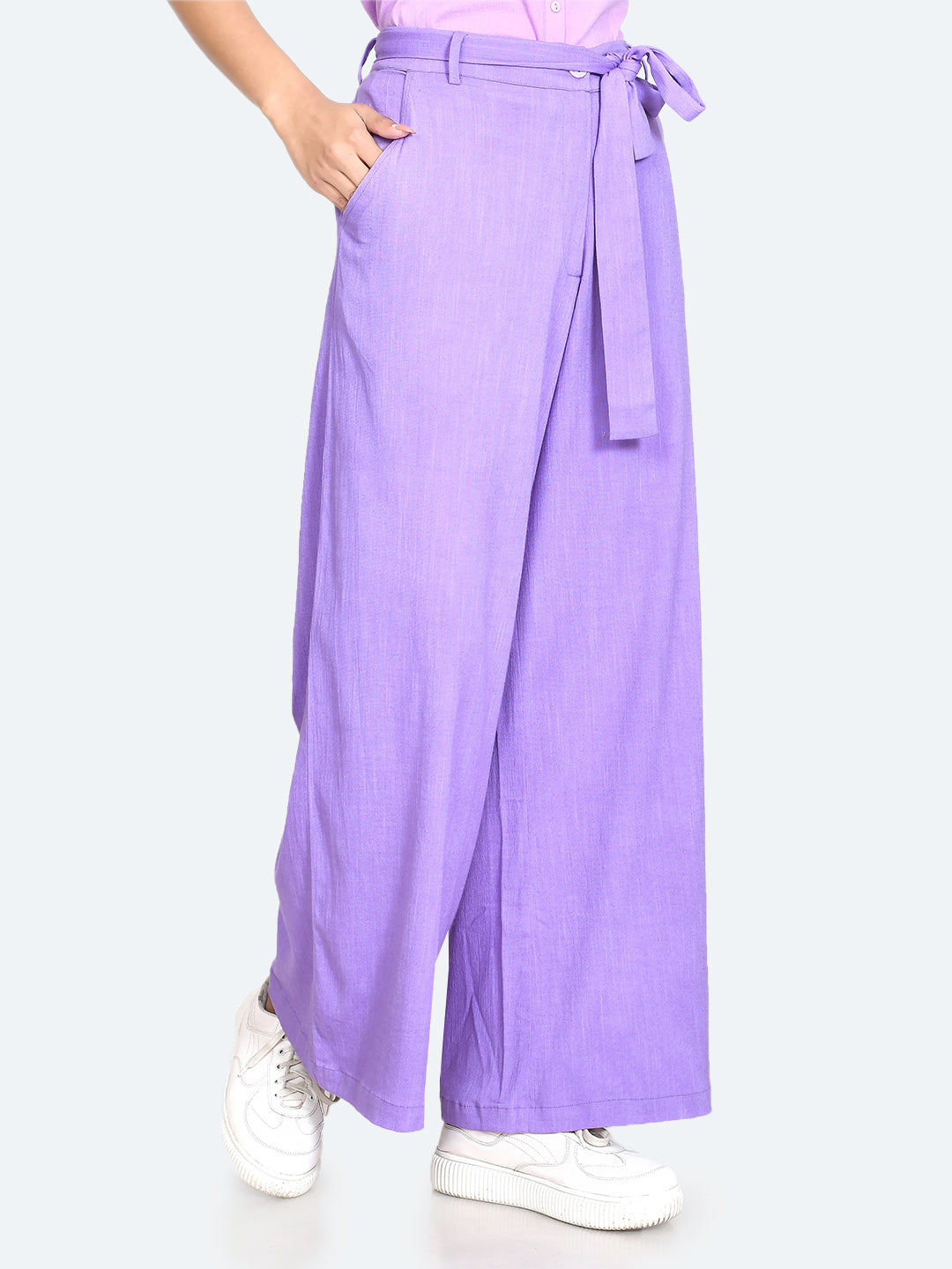 Purple Solid Tie-Up Trousers