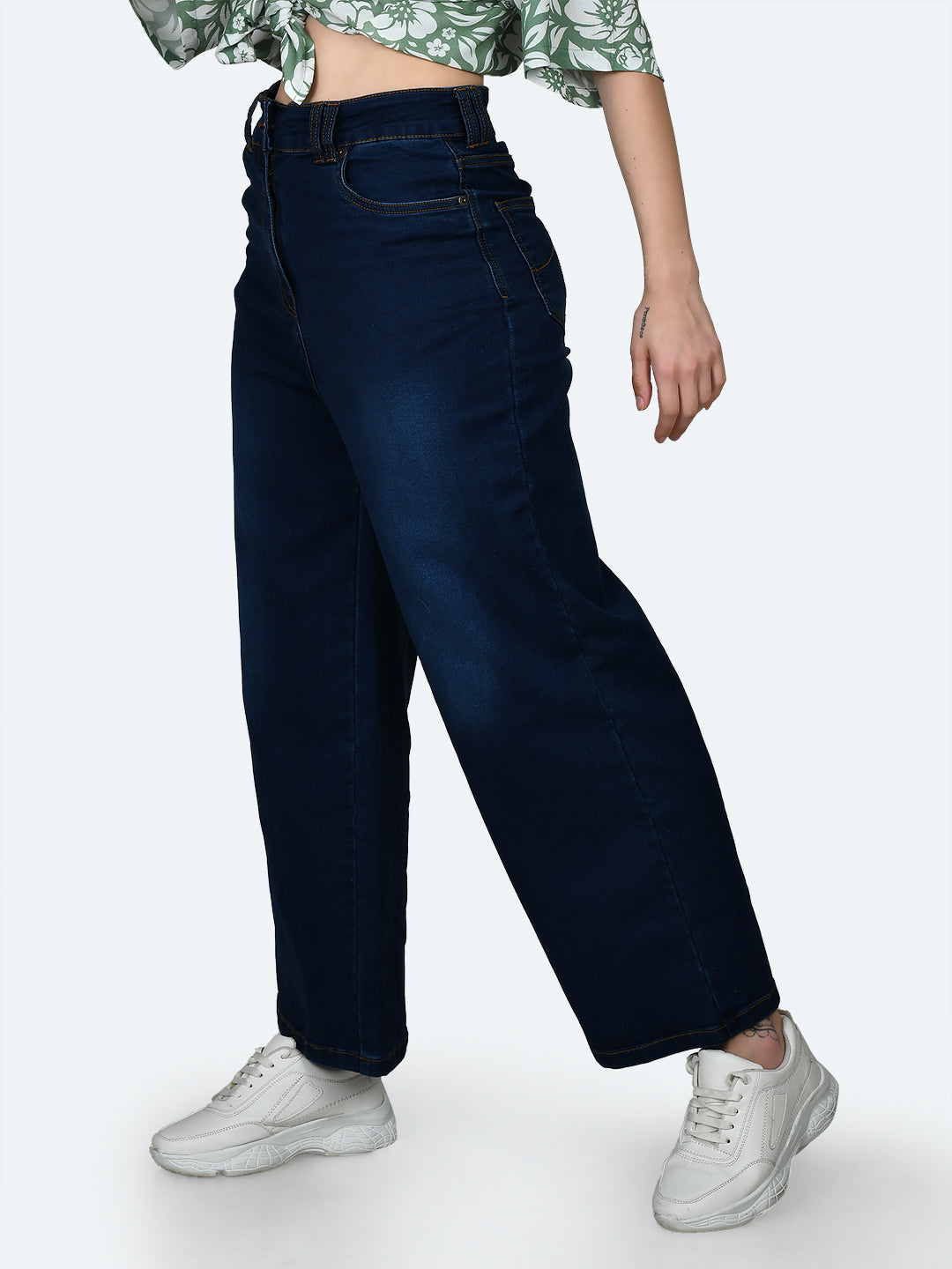 Blue Solid Wide Leg Jeans