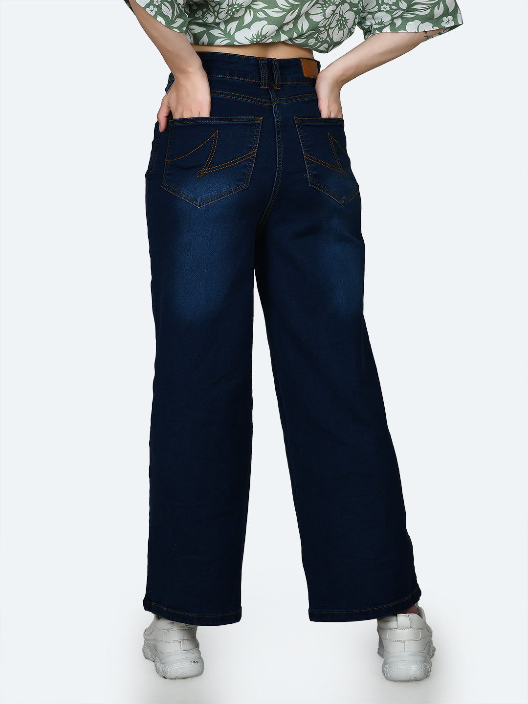 Blue Solid Wide Leg Jeans