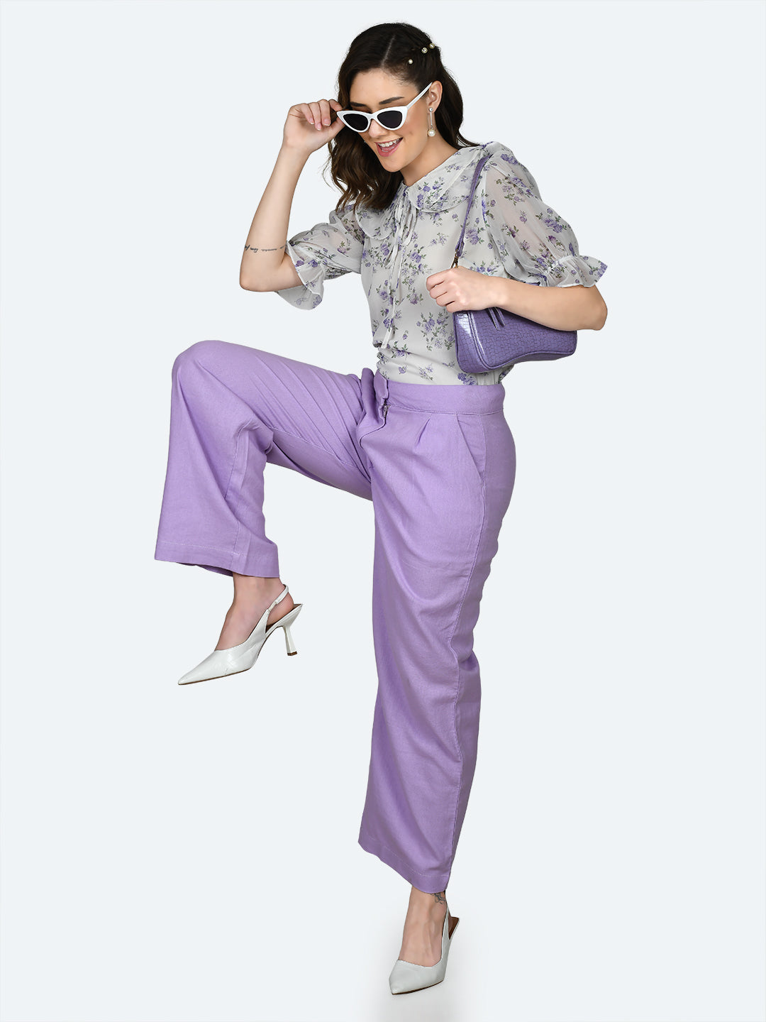 Purple Solid Wide Leg Trousers