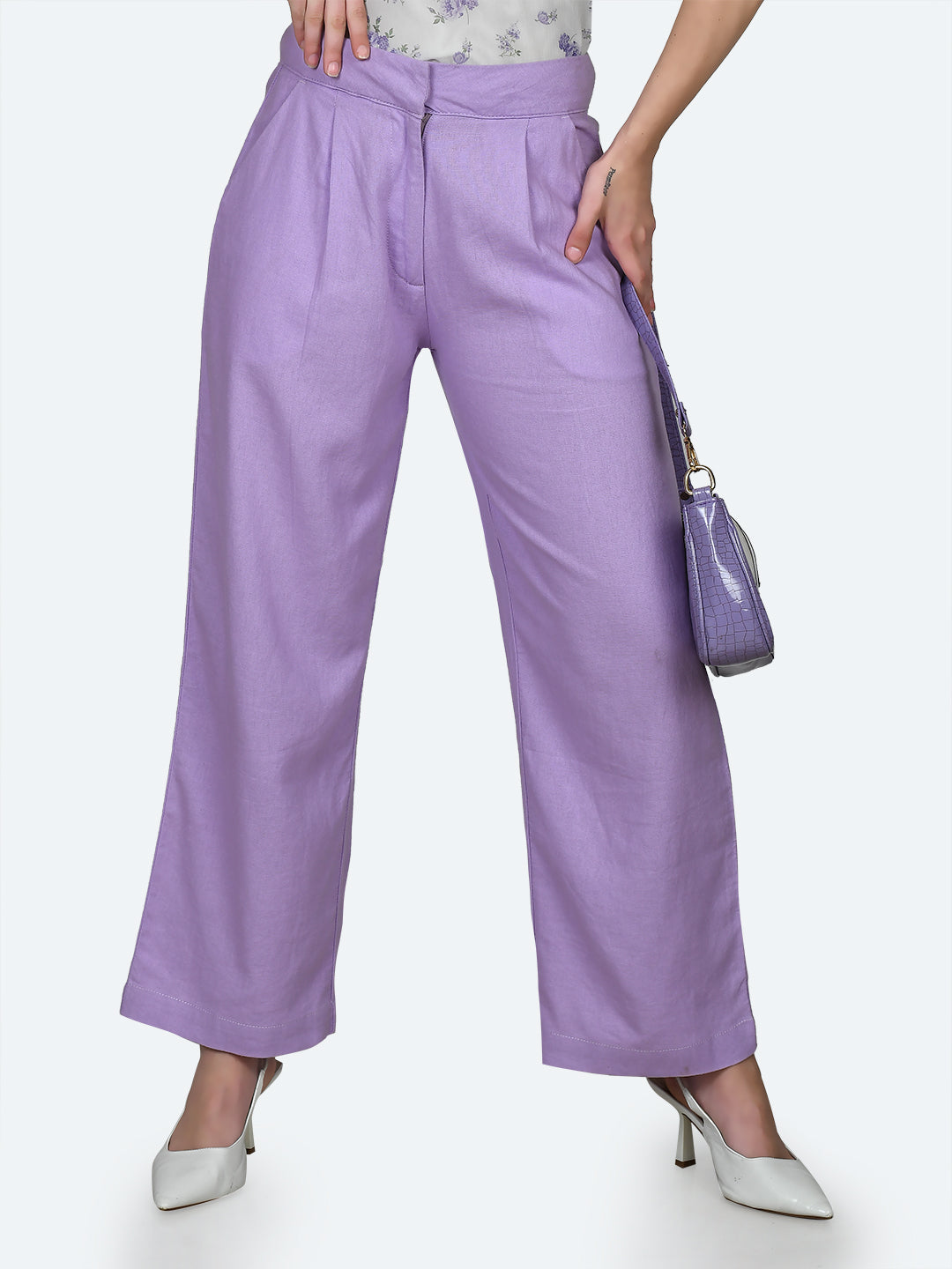 Purple Solid Wide Leg Trousers