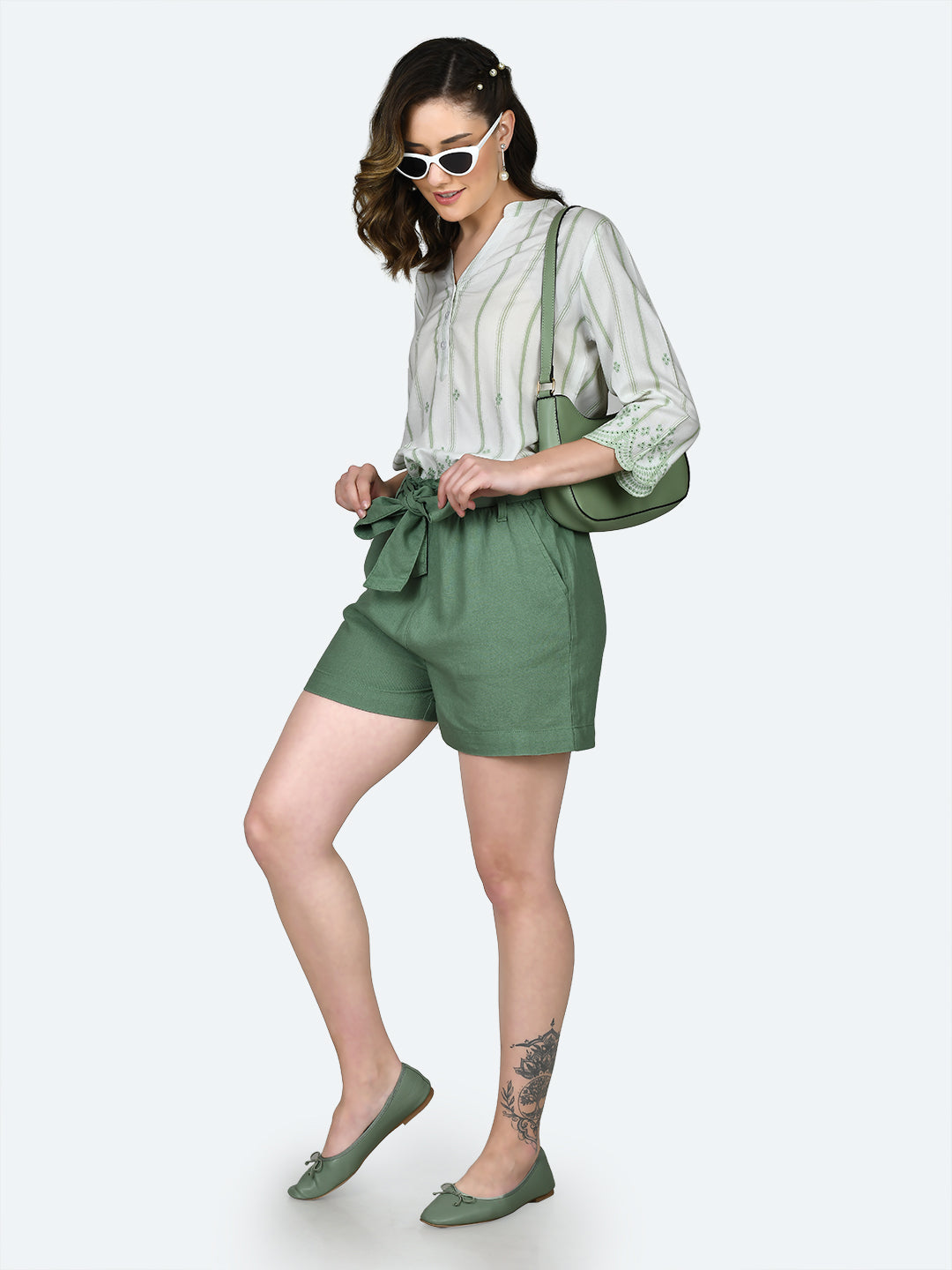 Green Solid Tie-Up Shorts