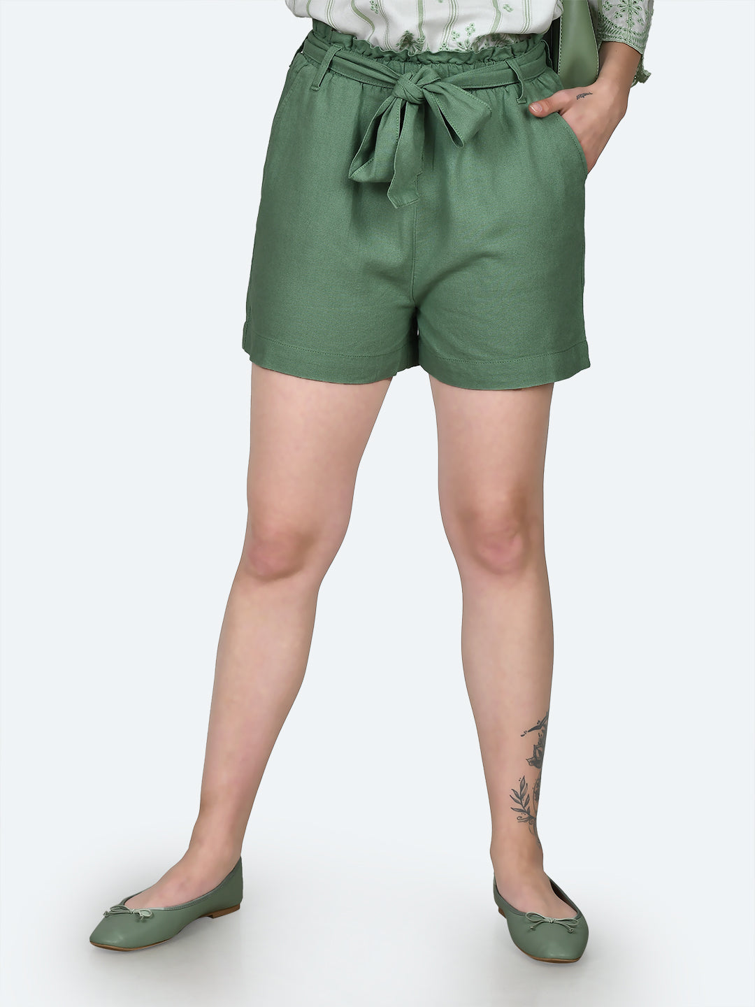 Green Solid Tie-Up Shorts