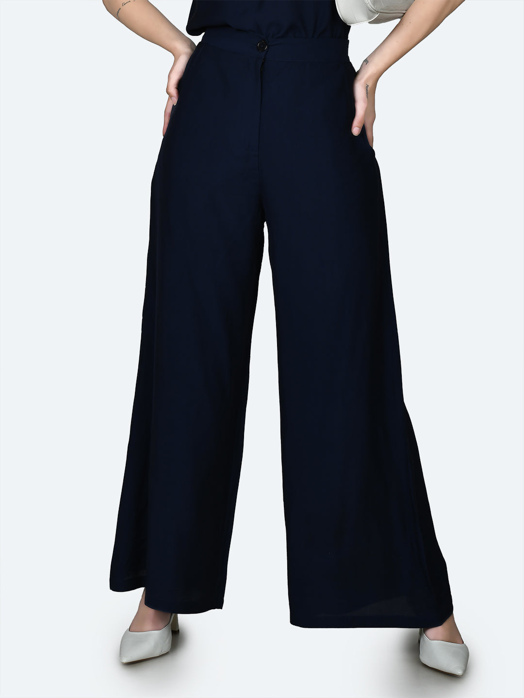 Blue Solid Wide Leg Trouser