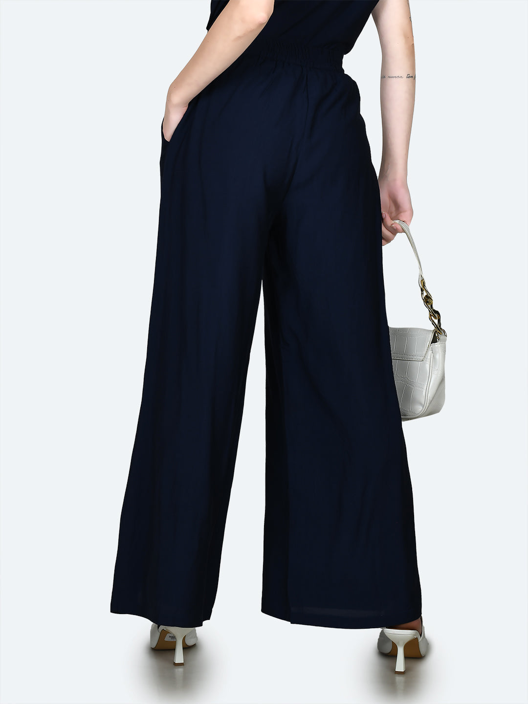 Blue Solid Wide Leg Trouser