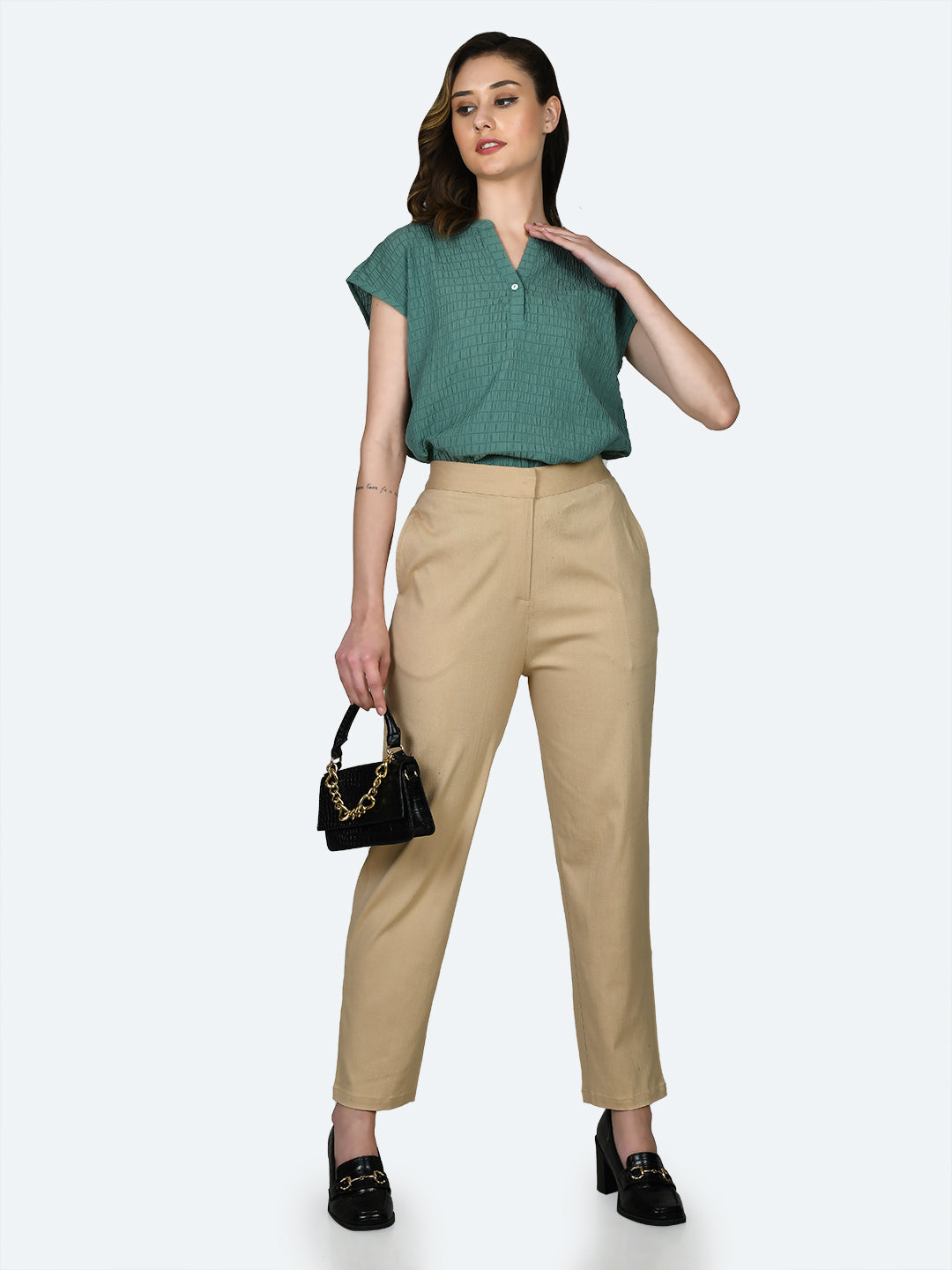 Beige Solid Trousers