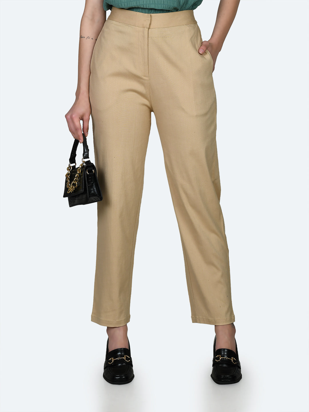 Beige Solid Trousers