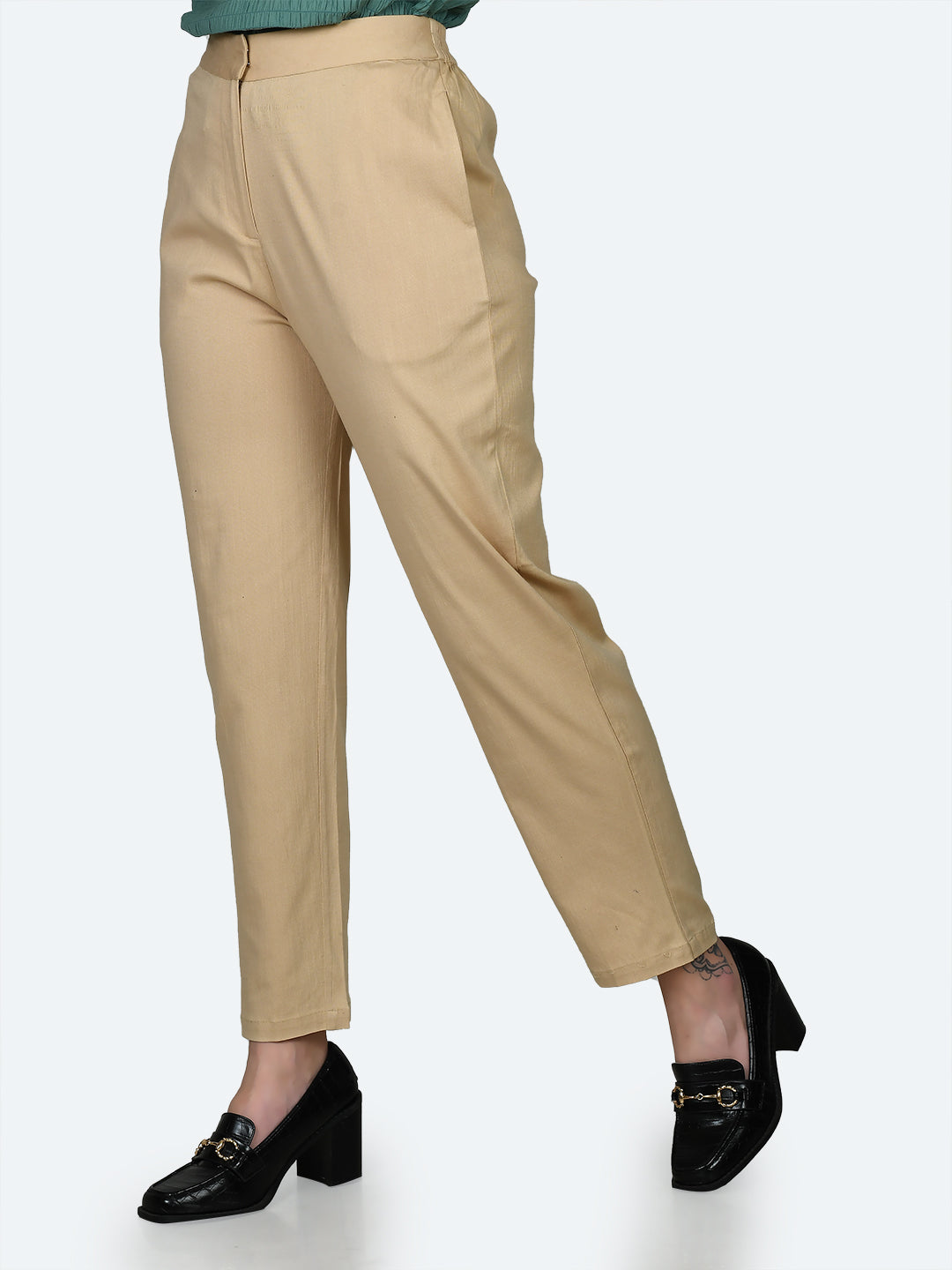 Beige Solid Trousers For Women