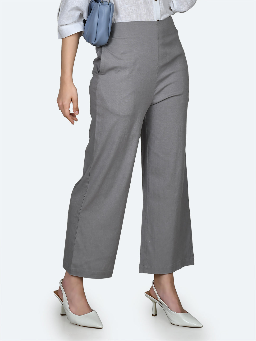 Grey Solid Wide Leg Trousers