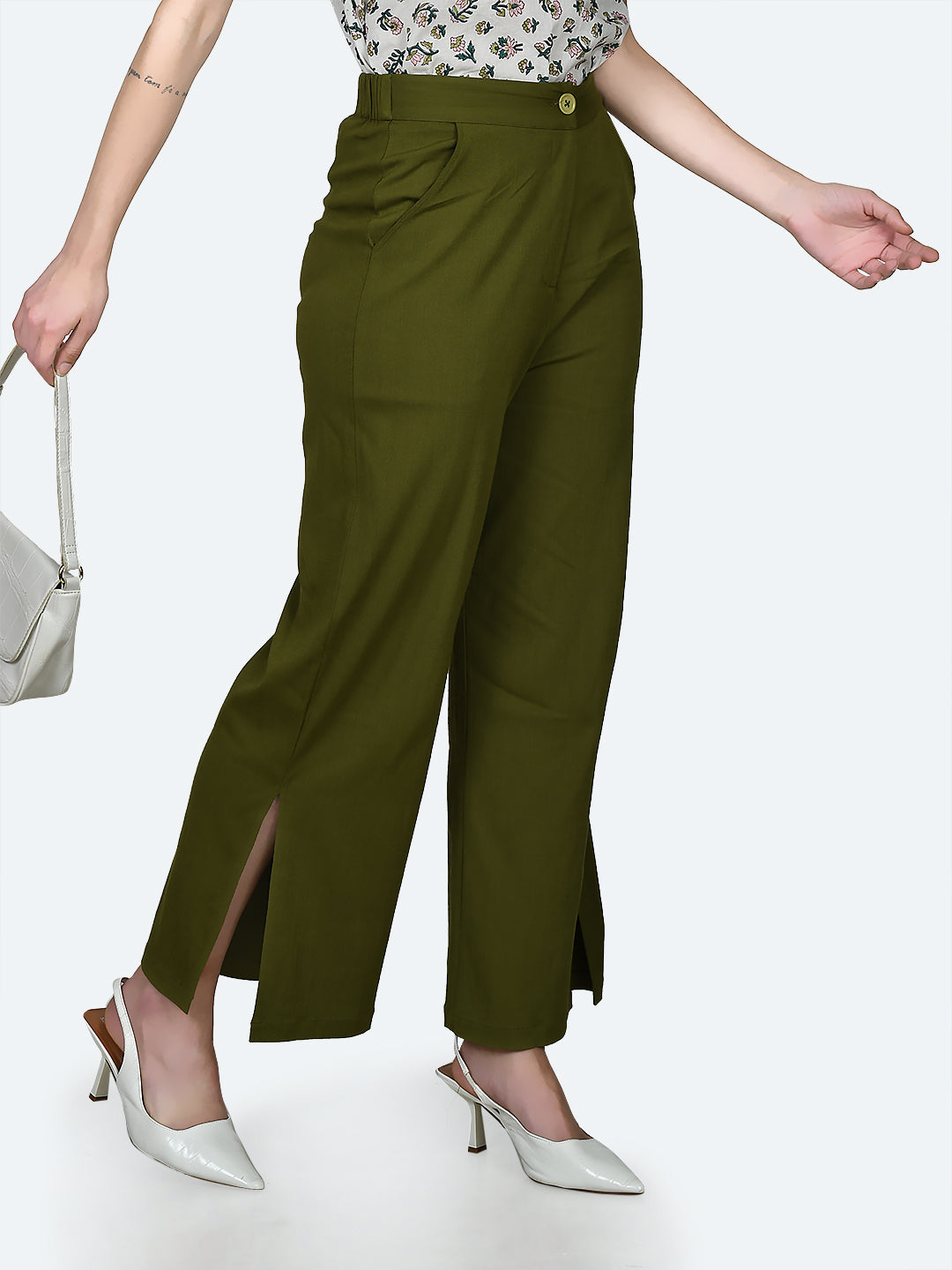 Green Solid Trousers For Women