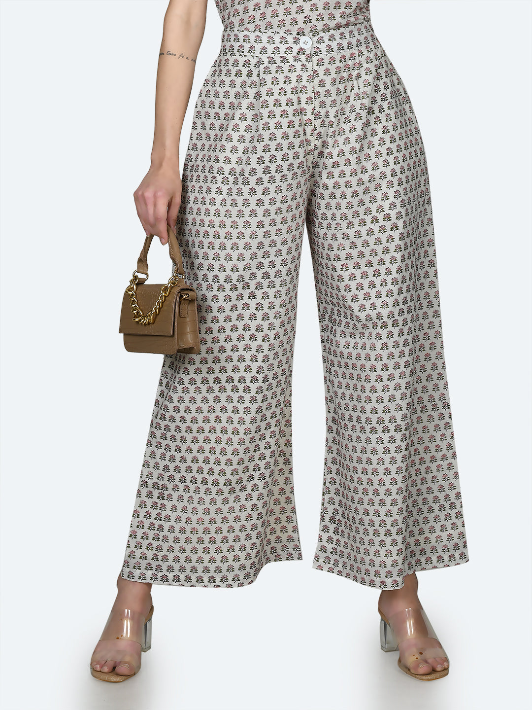 White Floral Print Trousers