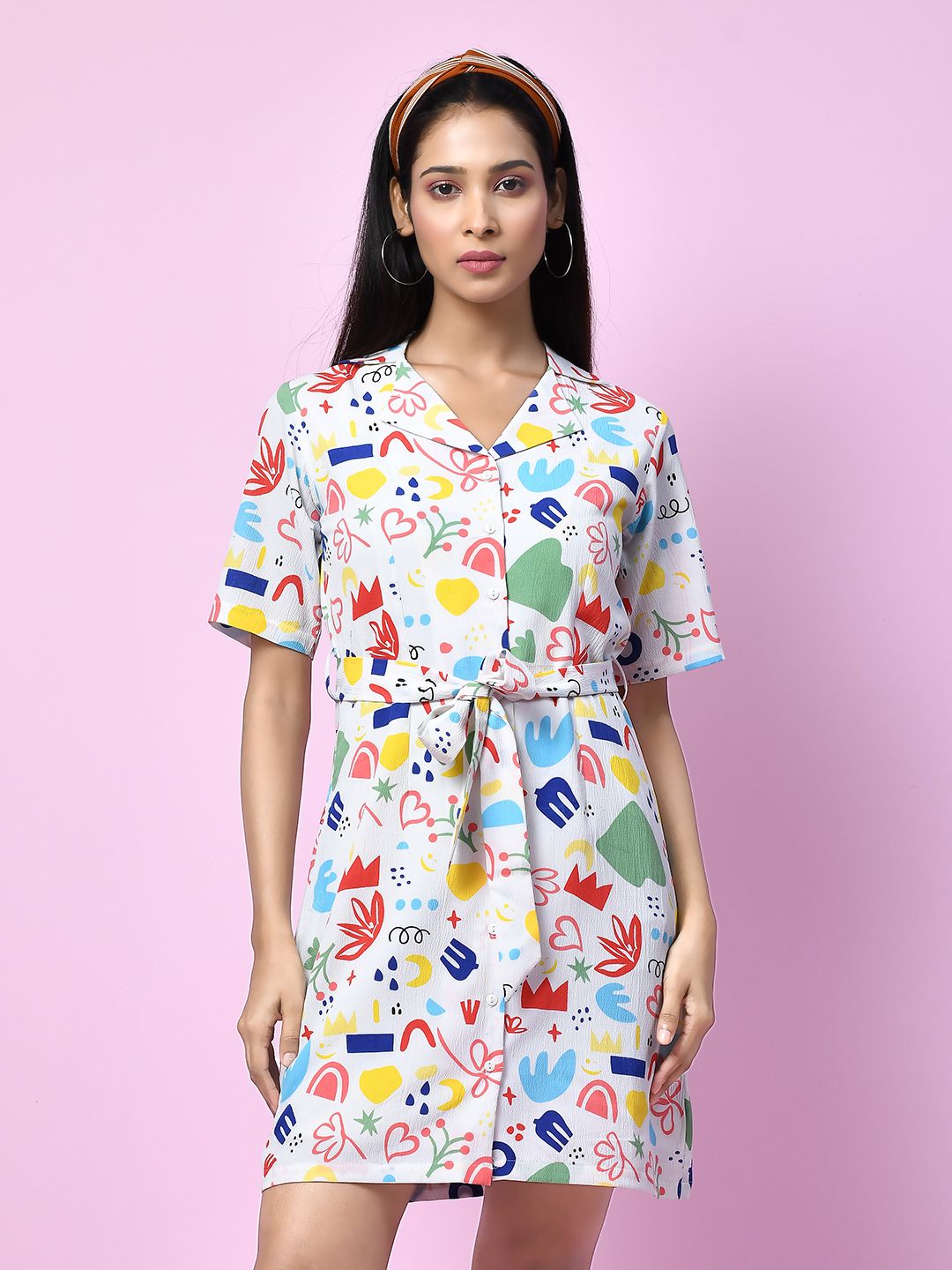 Zink London Women's White Quirky Prints Shirt-Styled Short Dress - D06000 - 2