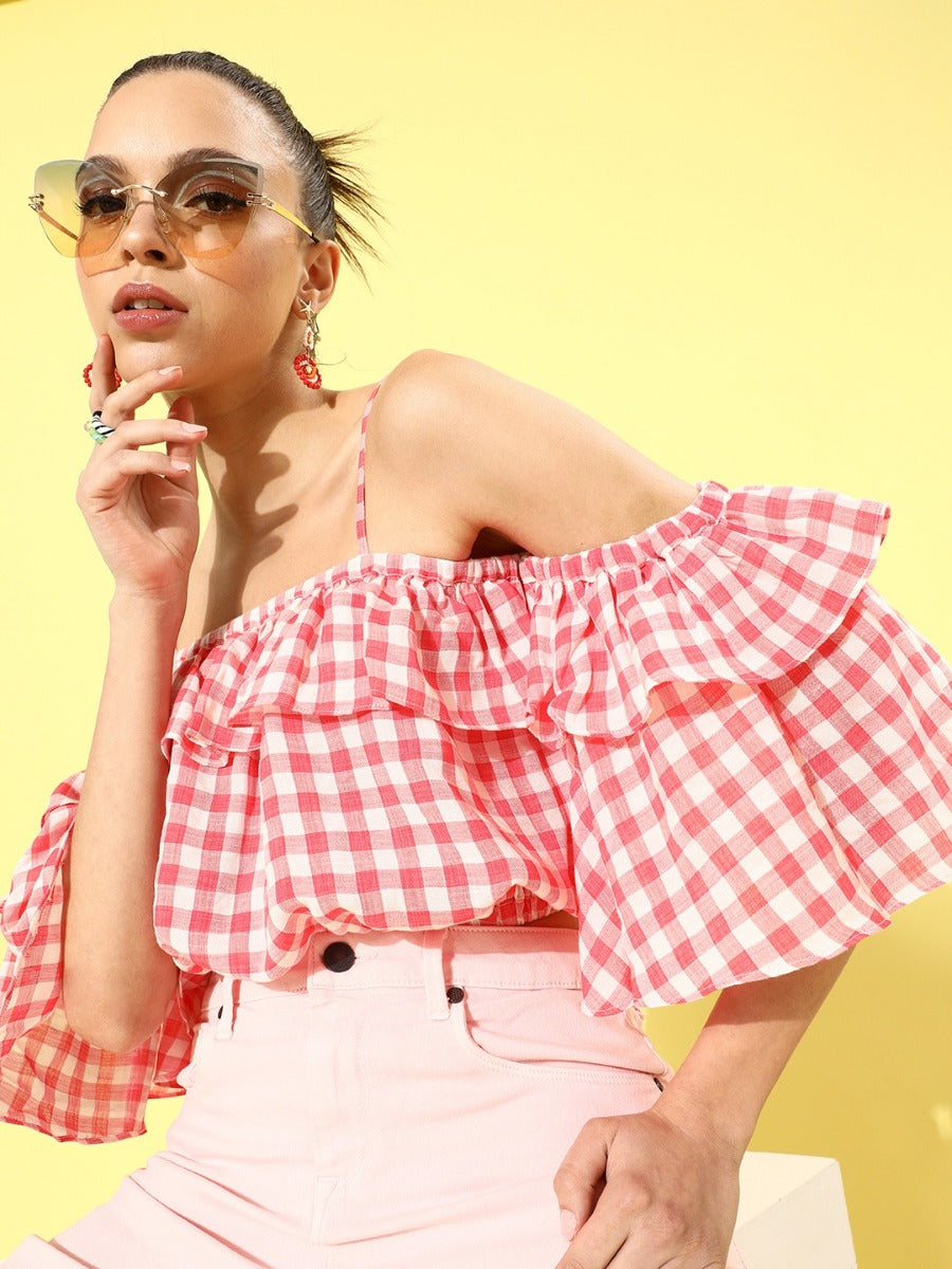 Red & White Checked Off-shoulder Top