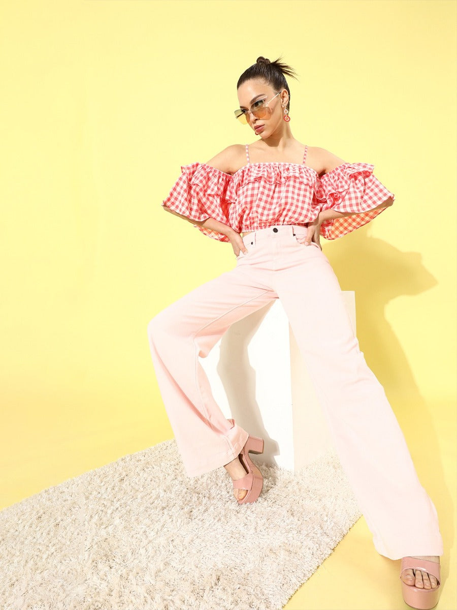 Red & White Checked Off-shoulder Top