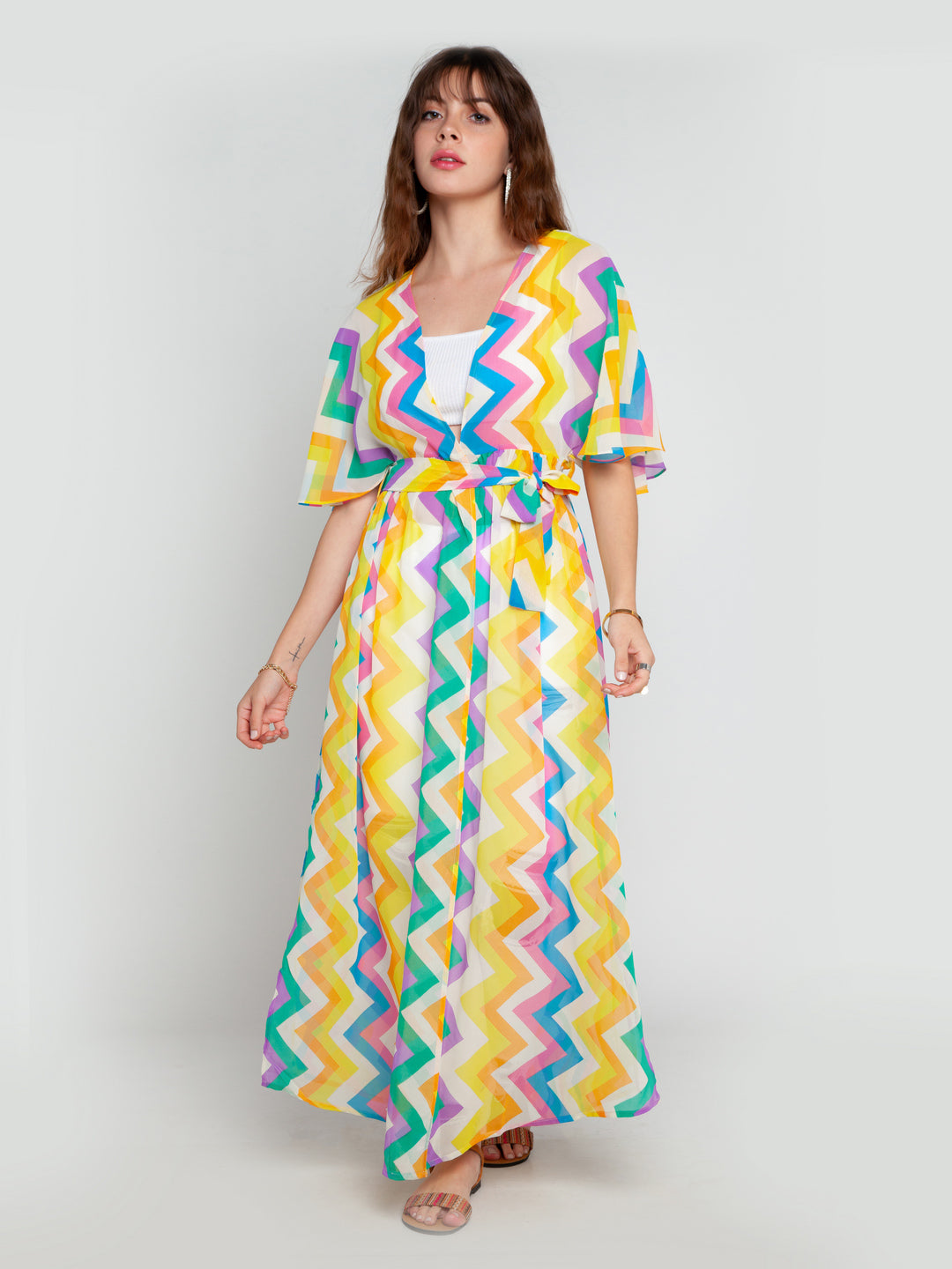 Multicolored Printed Tie-Up Shrug For Women