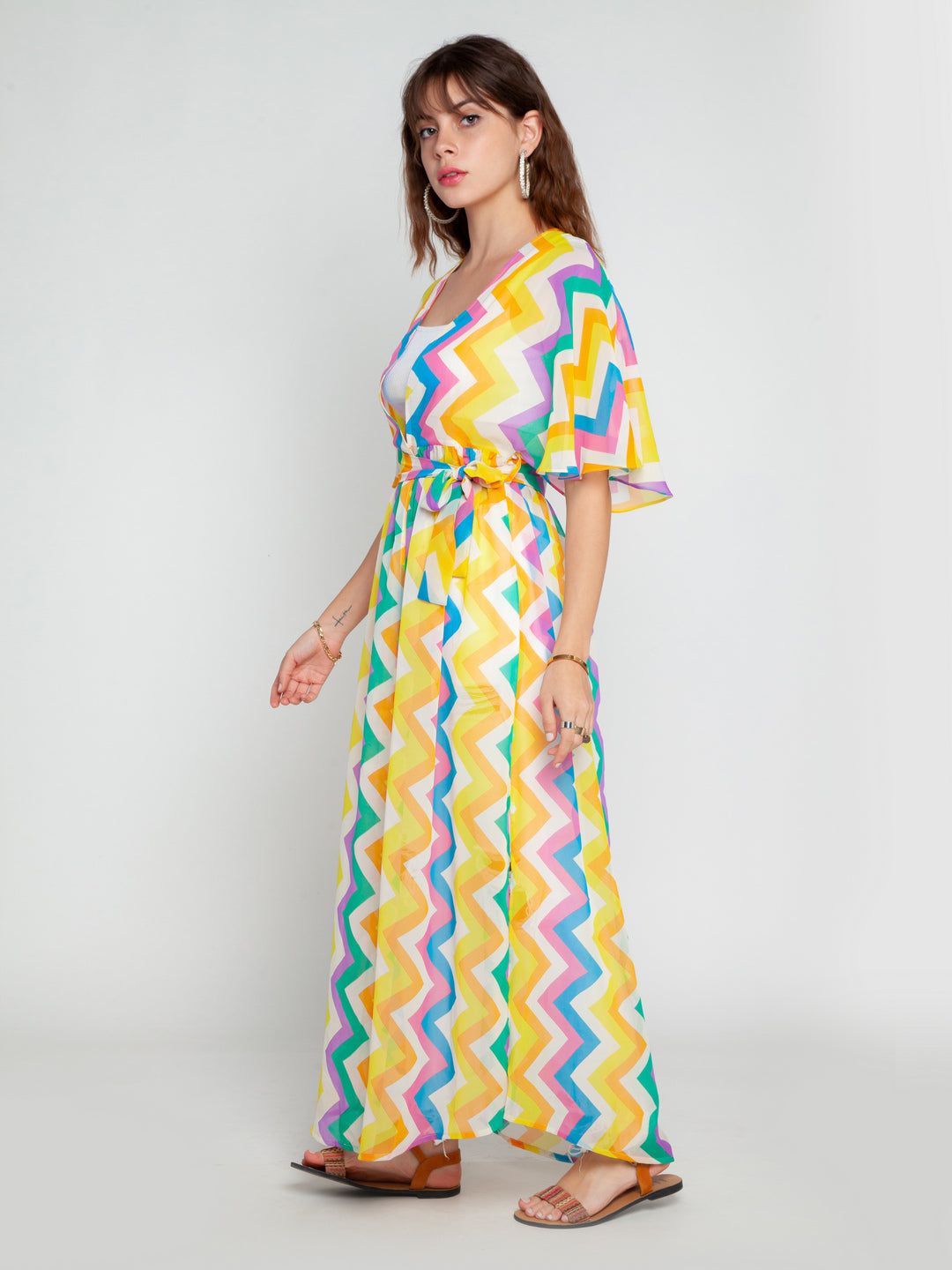 Multicolored Printed Tie-Up Shrug For Women