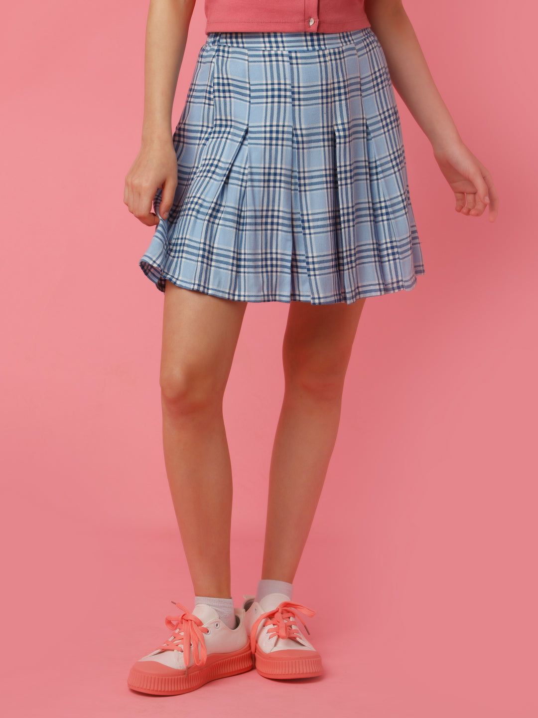 Blue Checked Pleated Skirt For Women