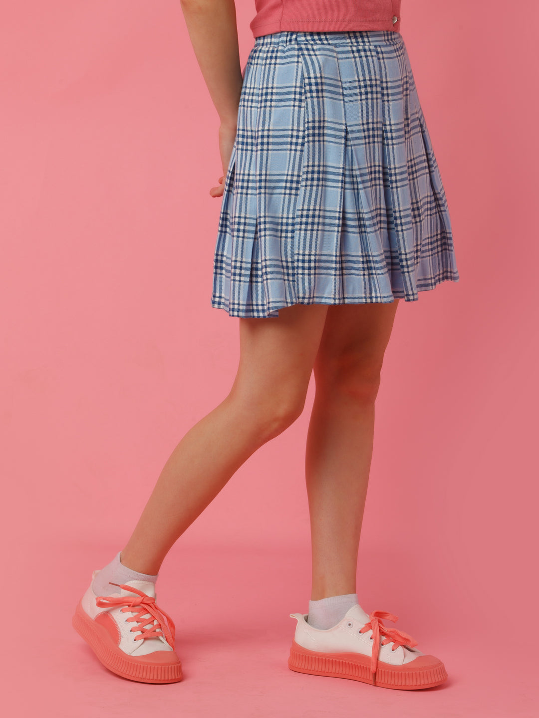 Blue Checked Pleated Skirt