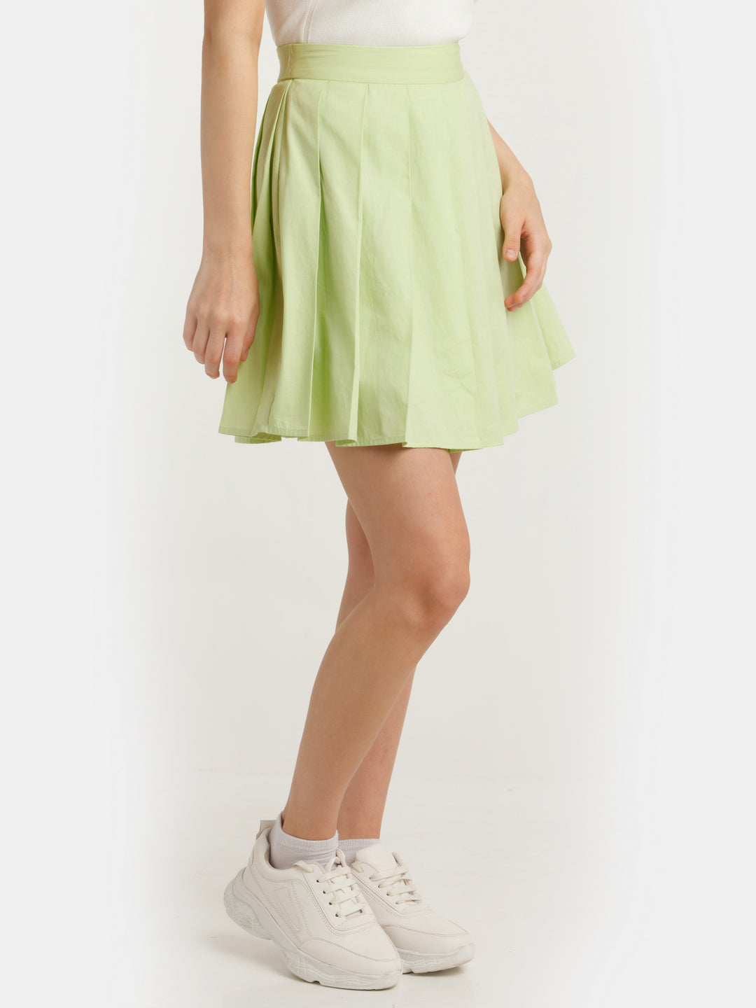 Green Solid Pleated Skirt For Women
