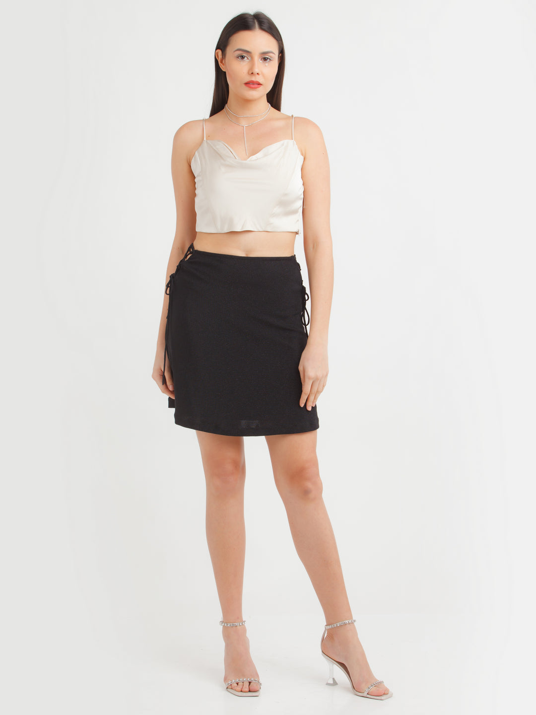 Black Shimmer Tie-Up Skirt For Women