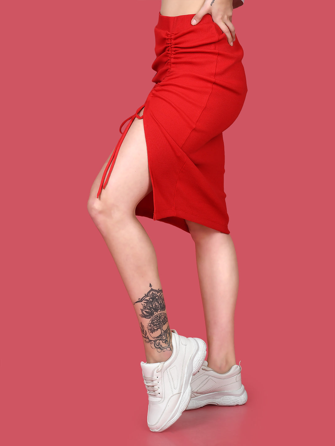 Red Solid Ruched Skirt