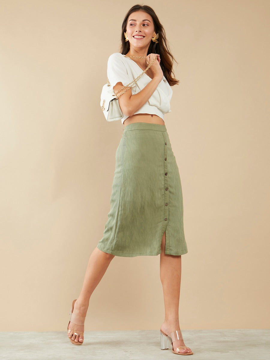 Olive Green Solid High Waisted Skirt