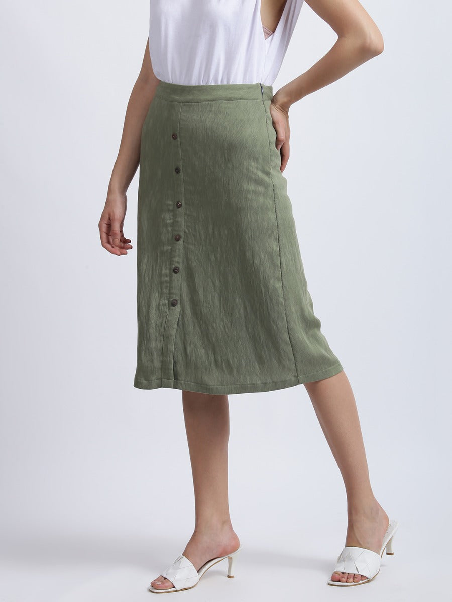 Olive Green Solid High Waisted Skirt