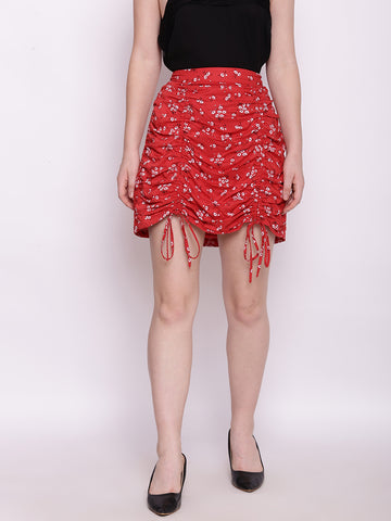 Red Floral Print Tie-Up Skirt For Women