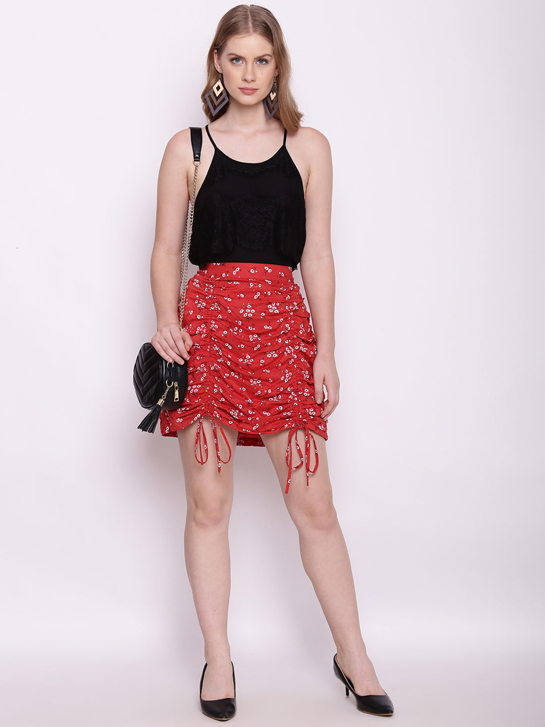 Red Floral Print Tie-Up Skirt For Women