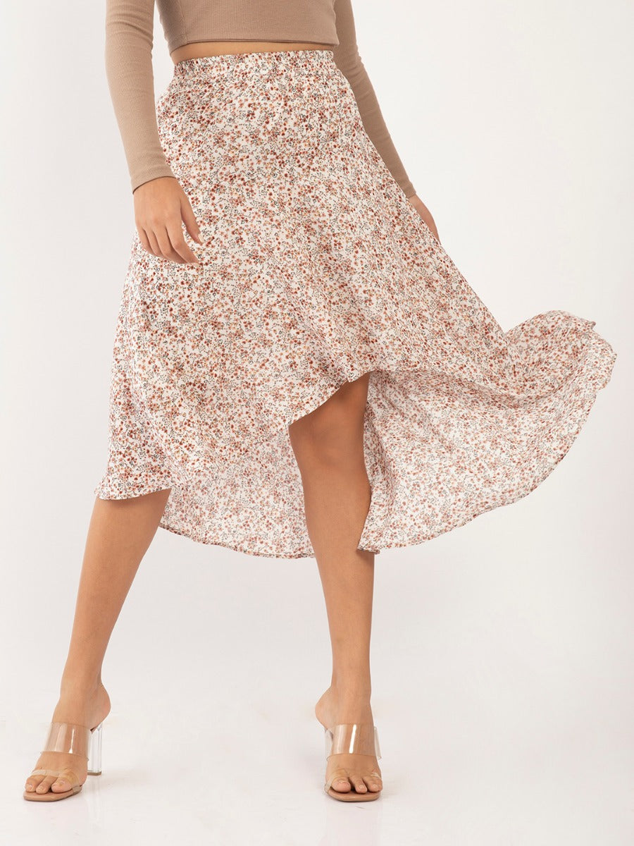 White Floral Print Elasticated Skirt