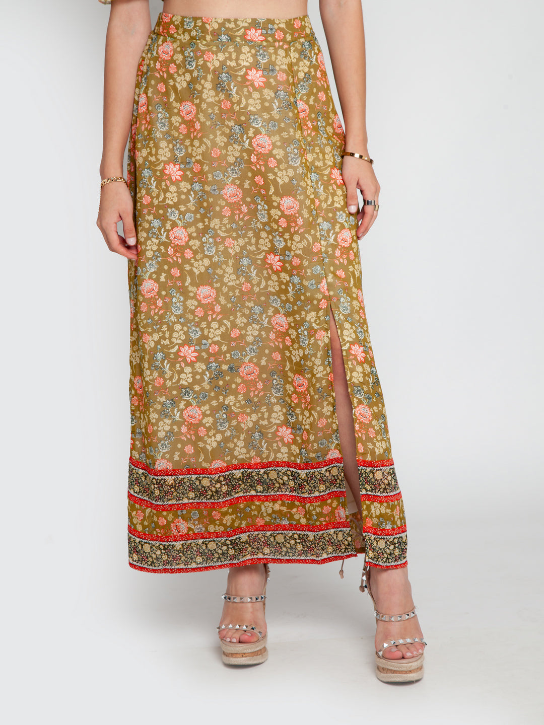 Green Floral Print A-Line Skirt