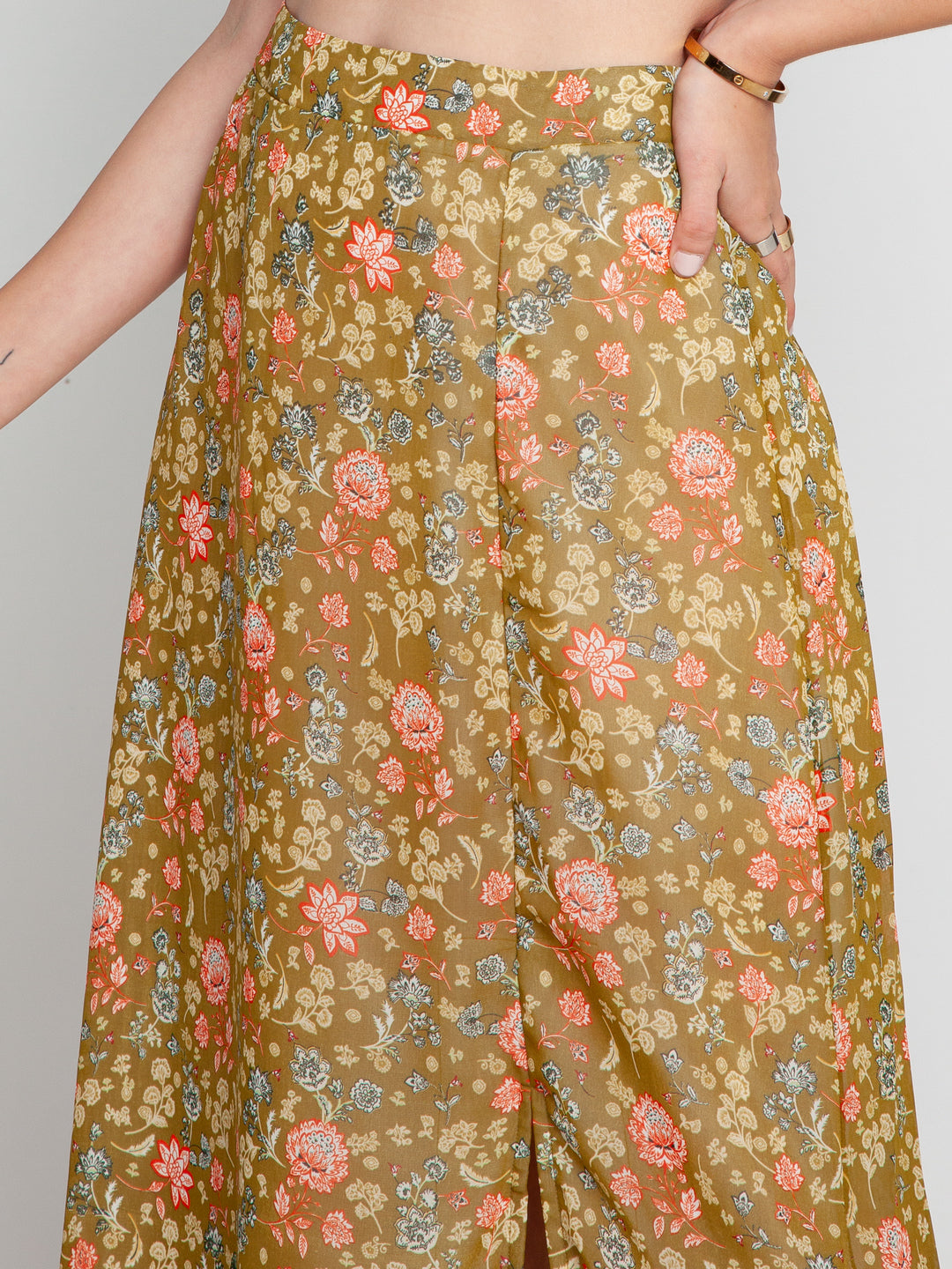 Green Floral Print A-Line Skirt