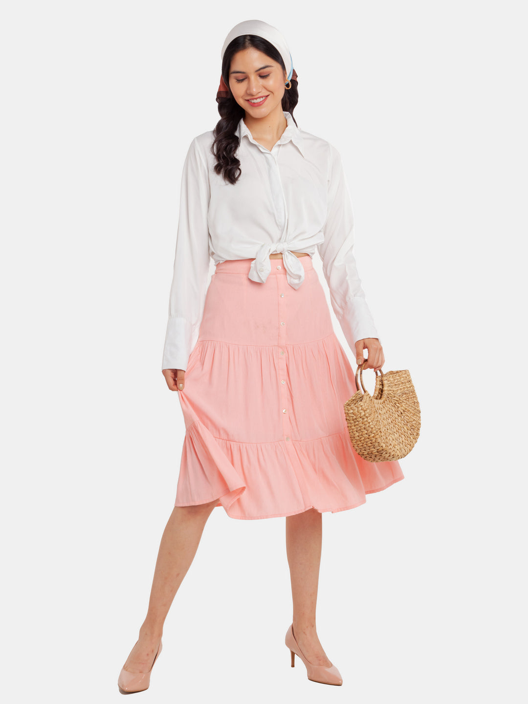 Pink Solid Tiered Skirt