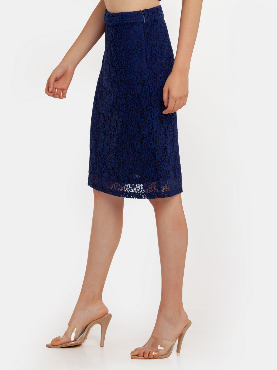 Navy Blue Lace Elasticated Skirt For Women