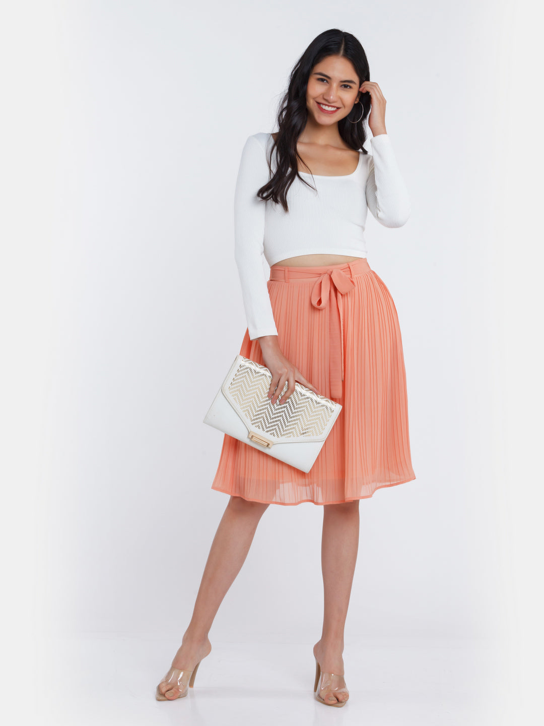 Orange Solid Pleated Skirt