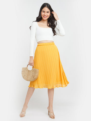Yellow Solid Pleated Skirt For Women