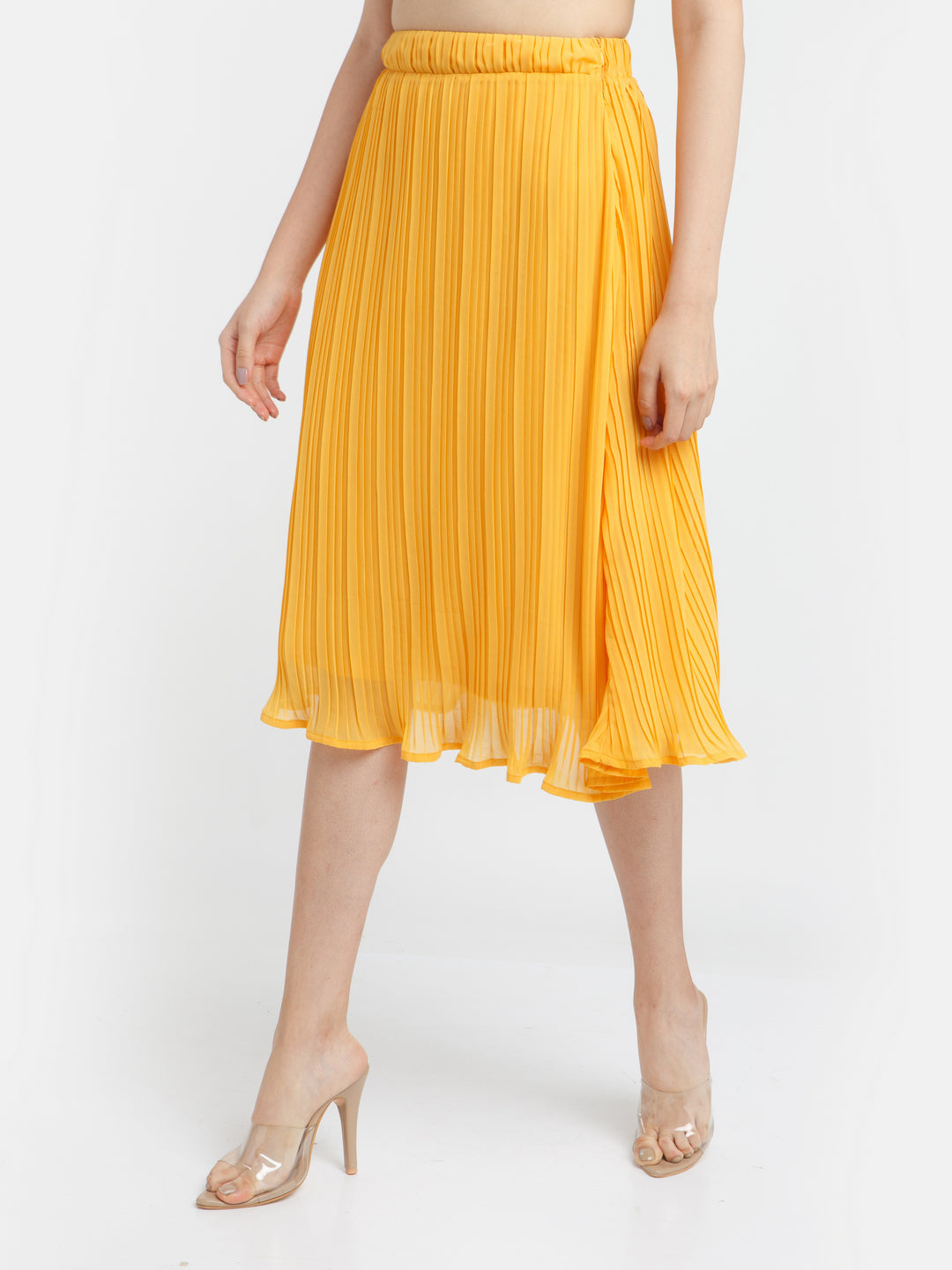 Yellow Solid Pleated Skirt