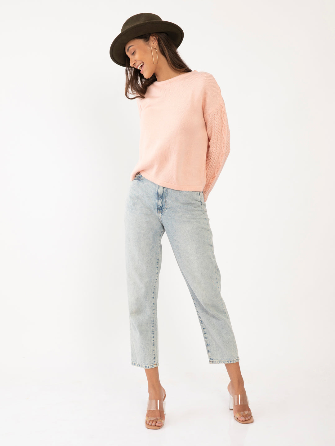 Pink Solid Crop Sweater