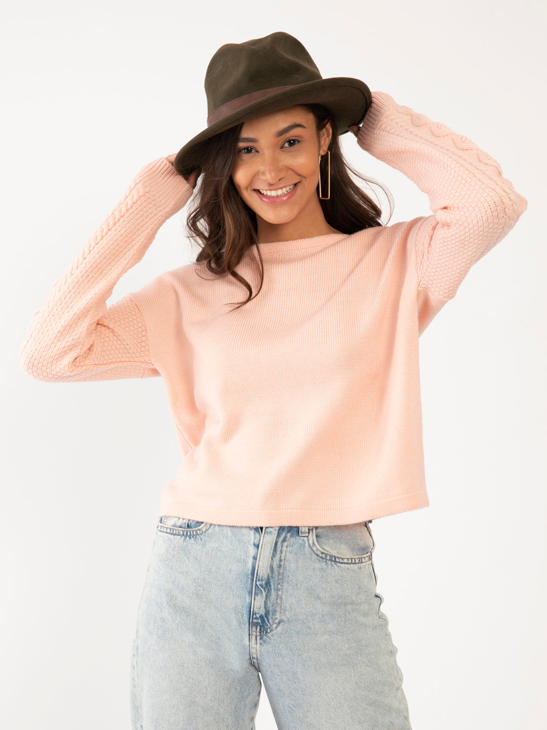 Pink Solid Crop Sweater For Women