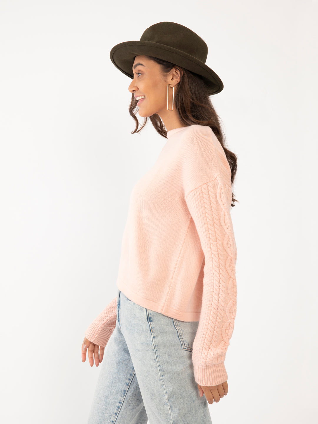 Pink Solid Crop Sweater