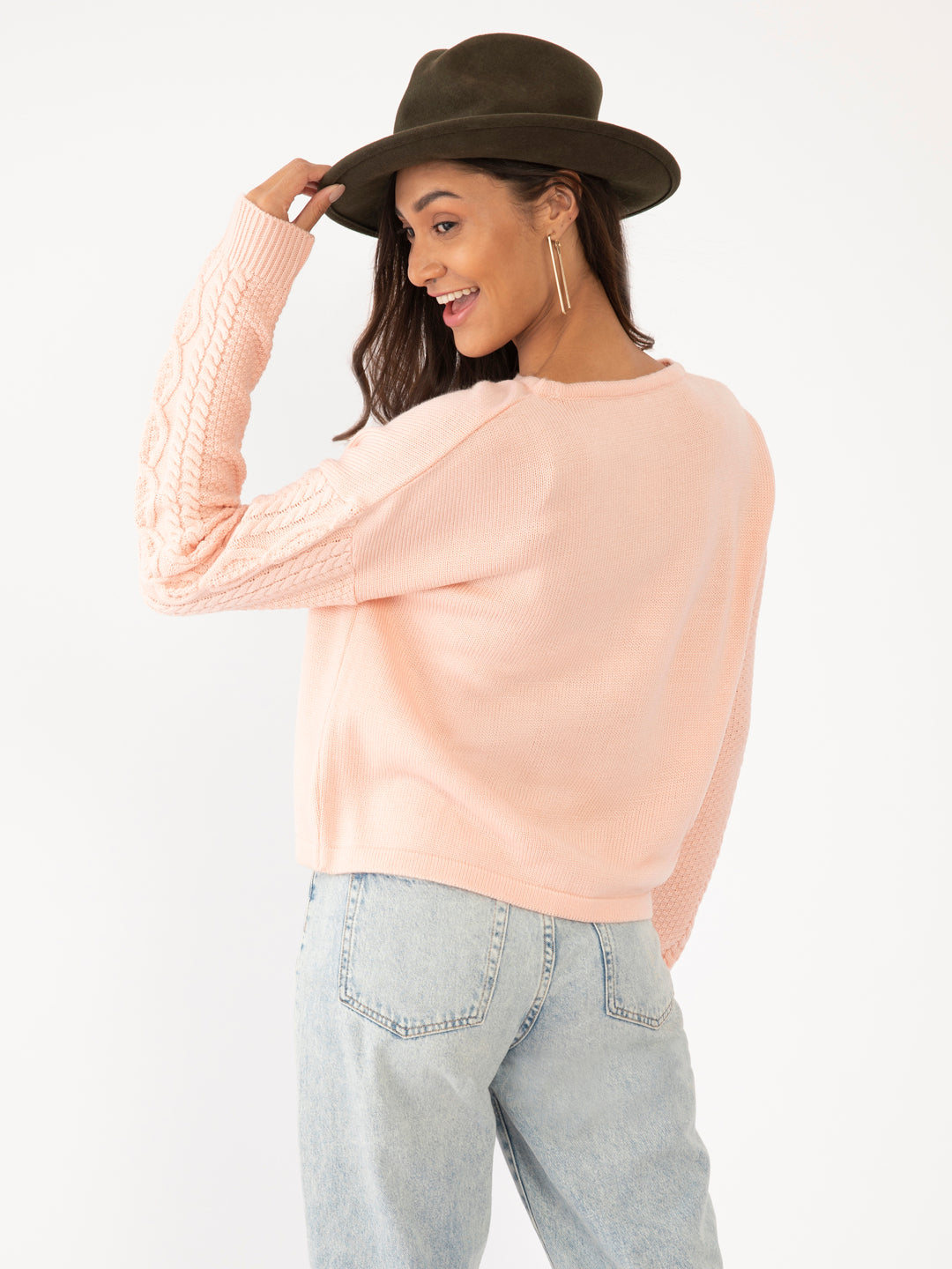 Pink Solid Crop Sweater For Women