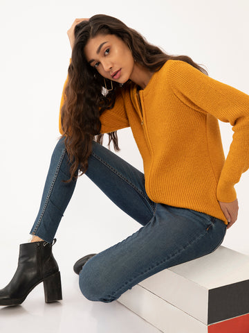Yellow Solid Regular Sweaters For Women