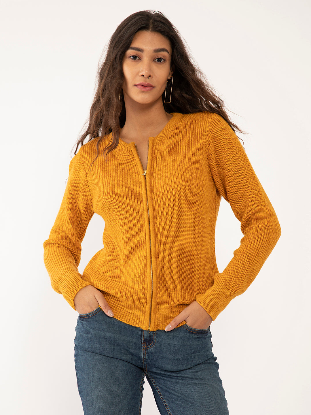 Yellow Solid Regular Sweaters For Women