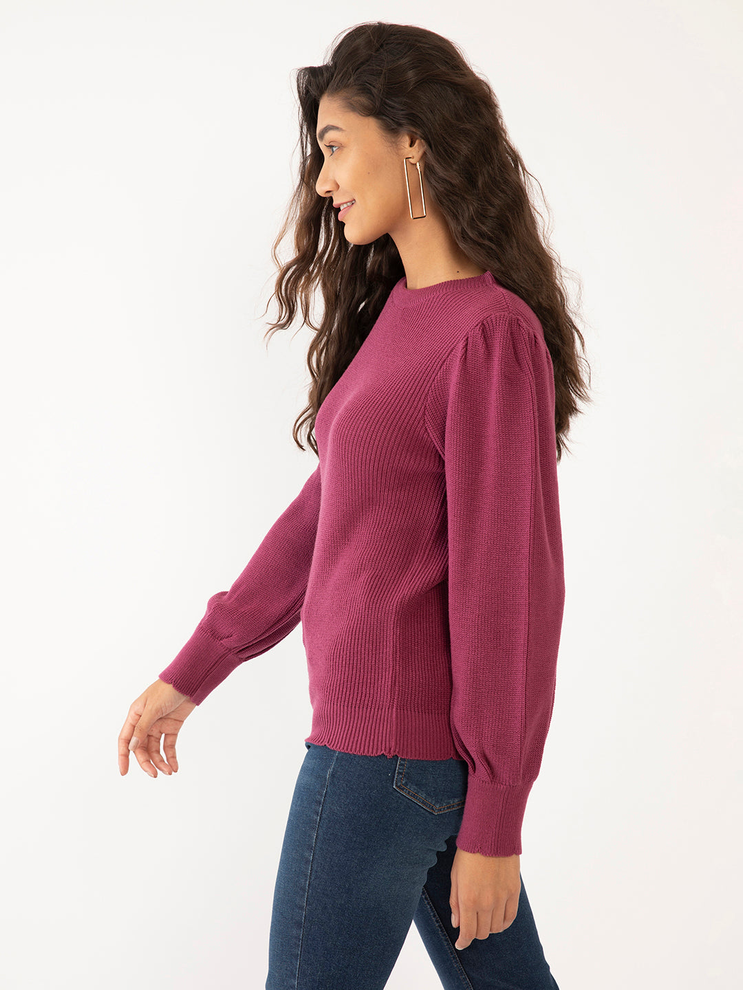 Purple Solid Regular Sweaters For Women