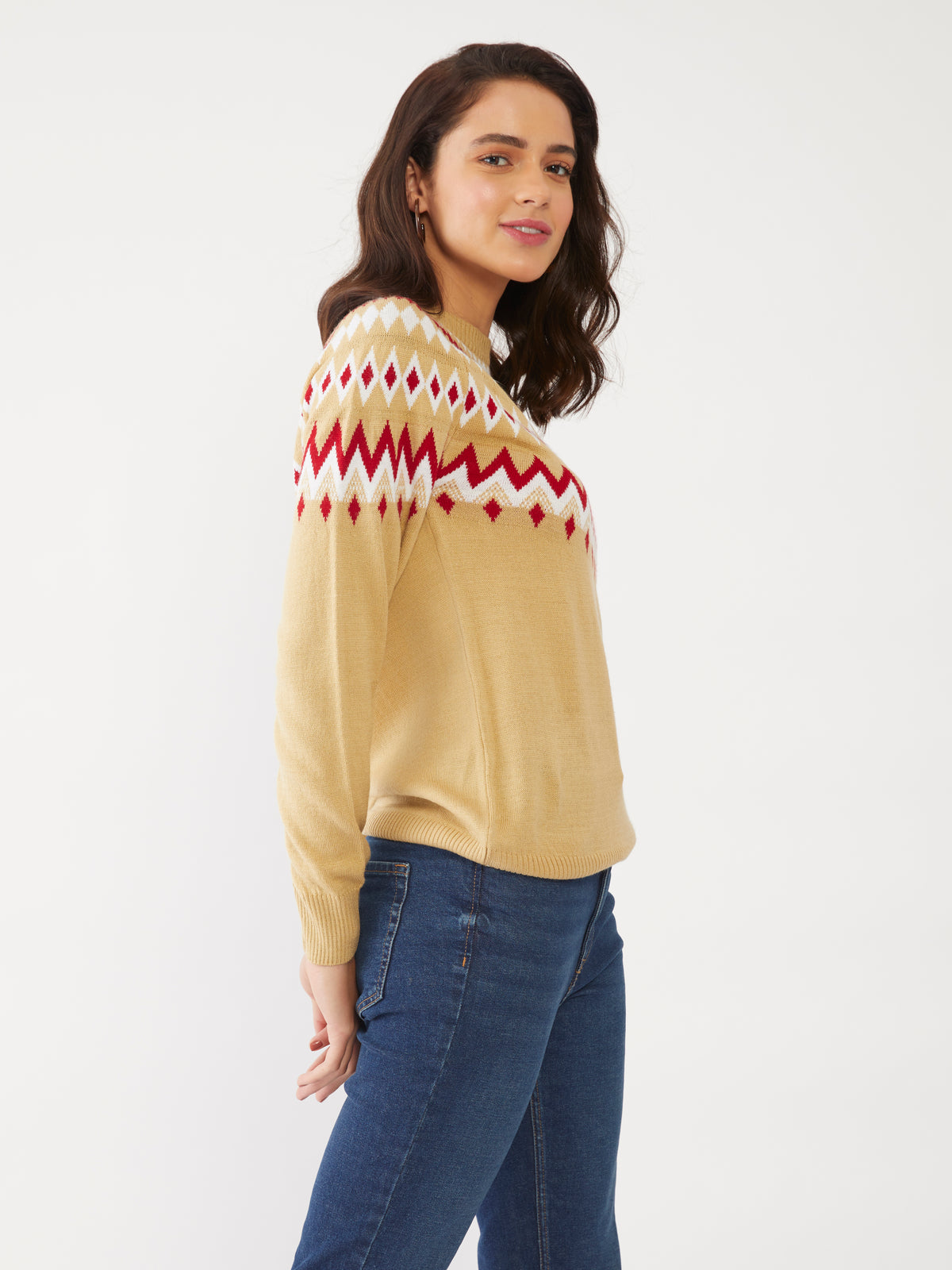 Beige Jacquard Sweater For Women