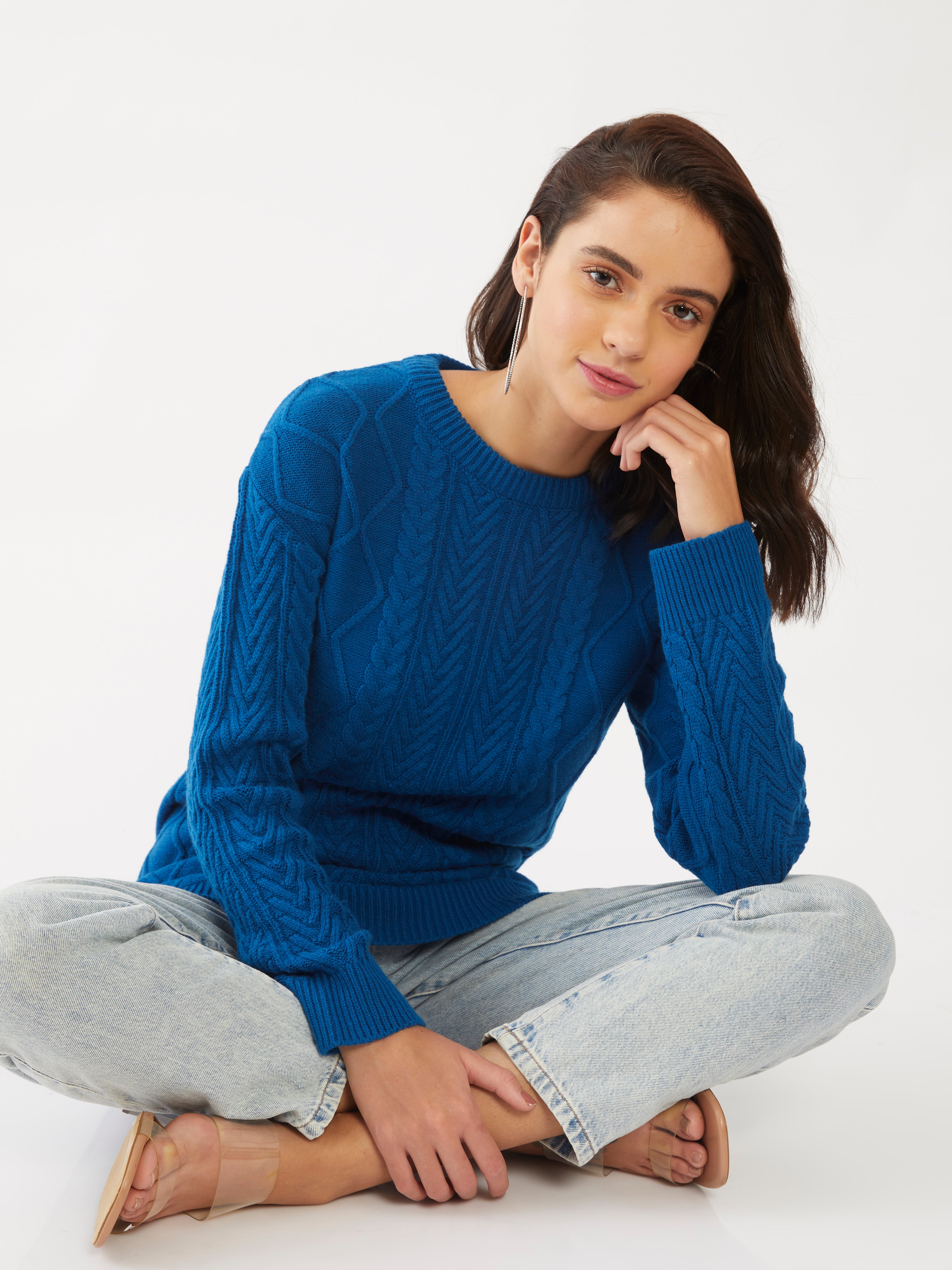 Blue Solid Oversized Sweater