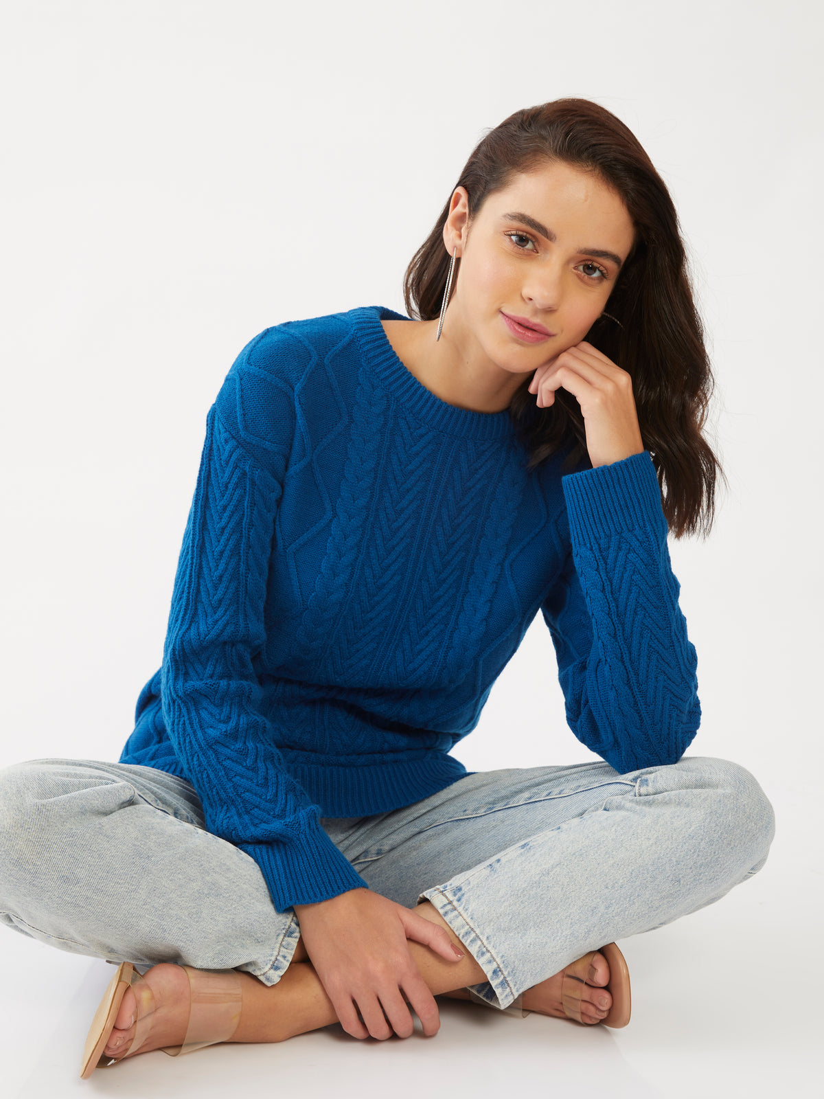 Blue Solid Oversized Sweater For Women